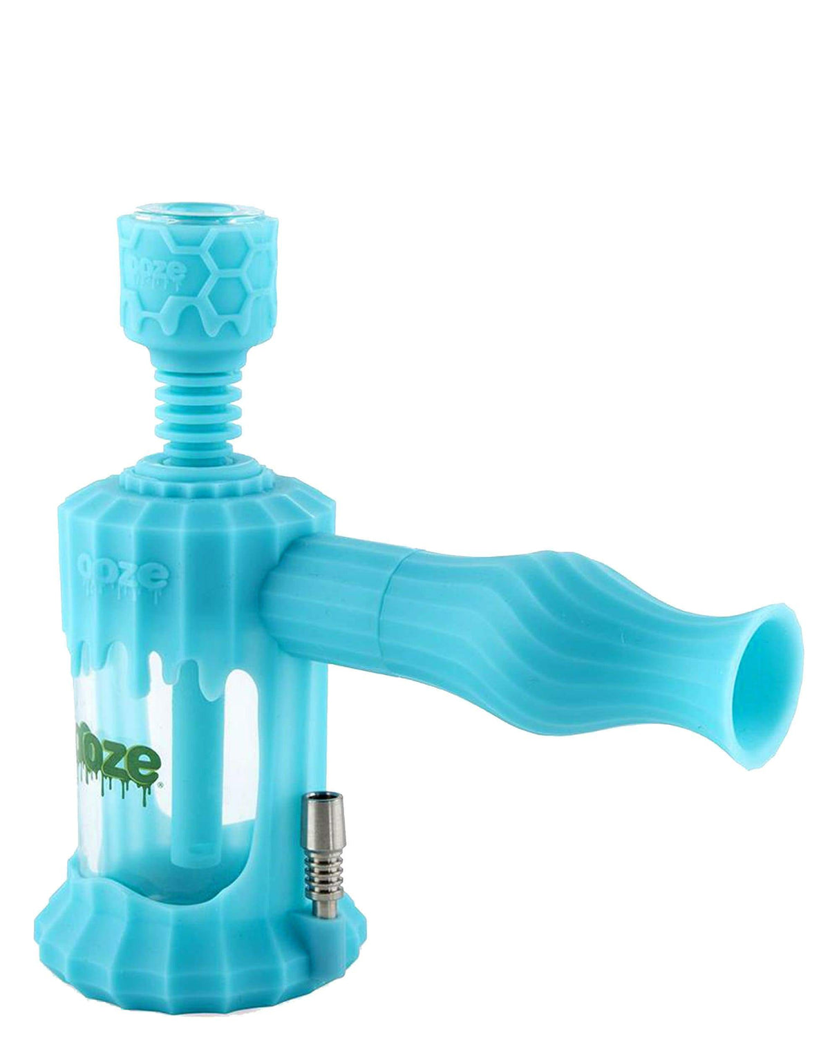 Ooze Clobb 4 in 1 Silicone Pipe in Teal, Hammer Design, Side View with Quartz Bowl
