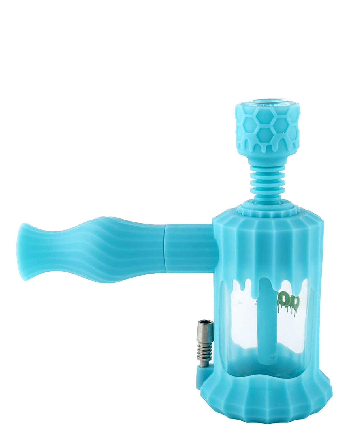Ooze Clobb Silicone Pipe in Teal, Hammer Design, with Quartz Bowl and Titanium Nail, Side View