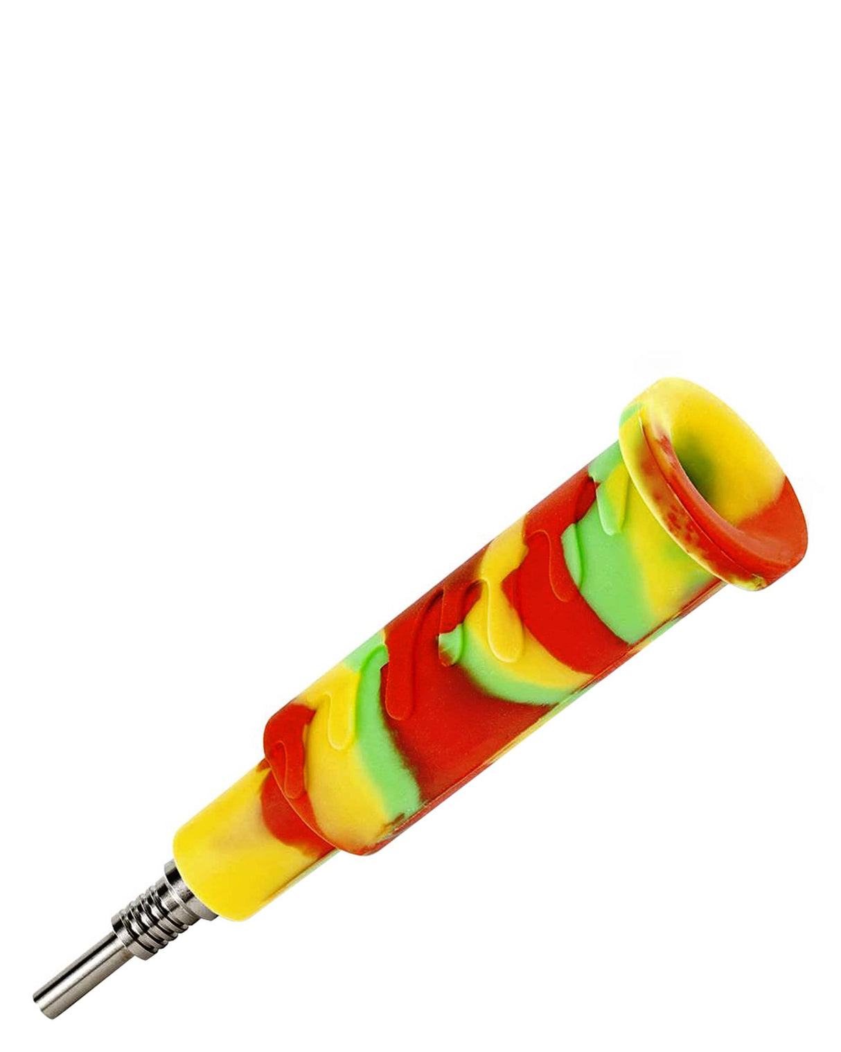 Ooze Cranium Bong & Dab Rig in vibrant red, green, and yellow silicone with quartz nail, side view