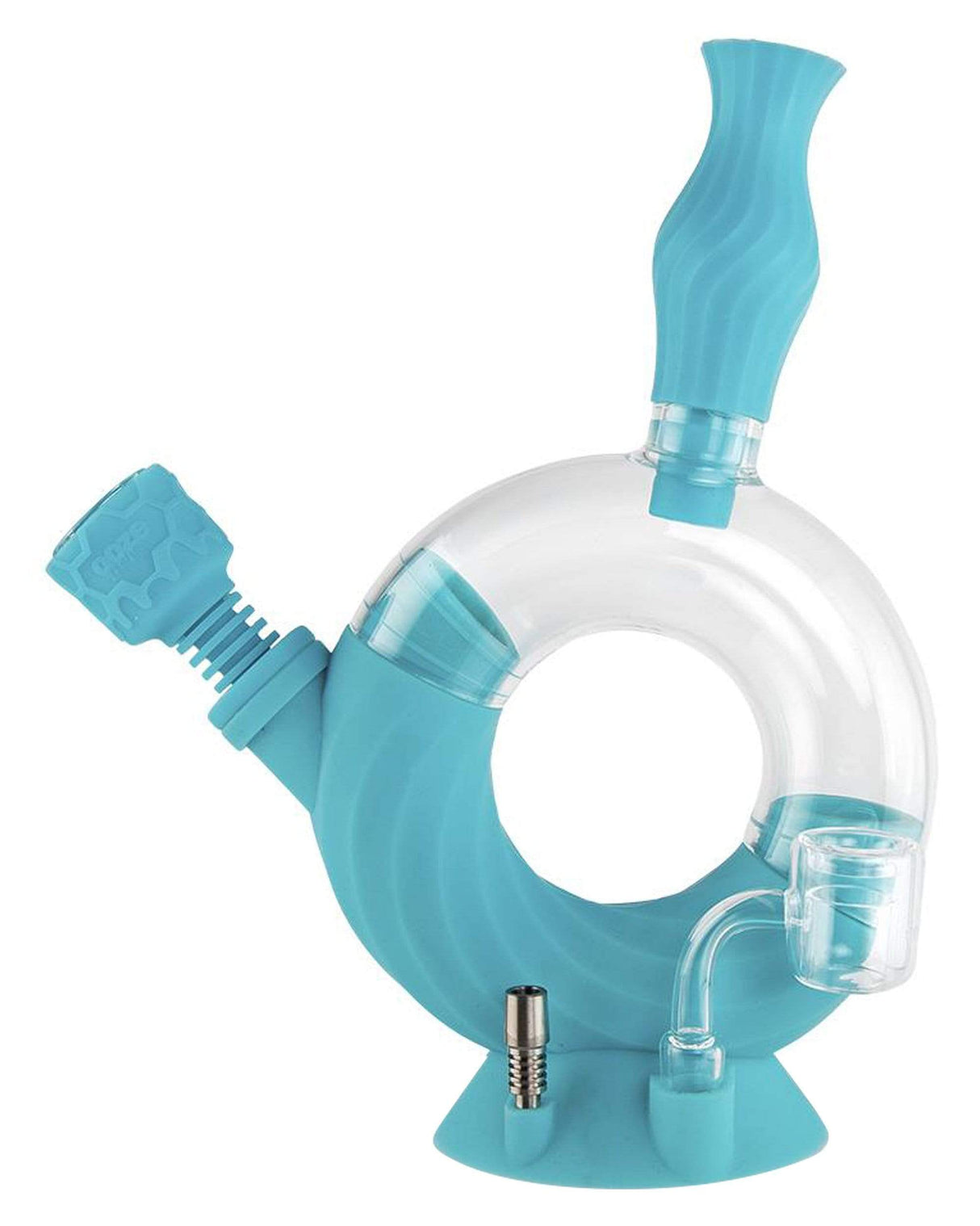 Ooze Ozone Silicone Bong in Aqua Teal with Borosilicate Glass and Slitted Percolator, Front View