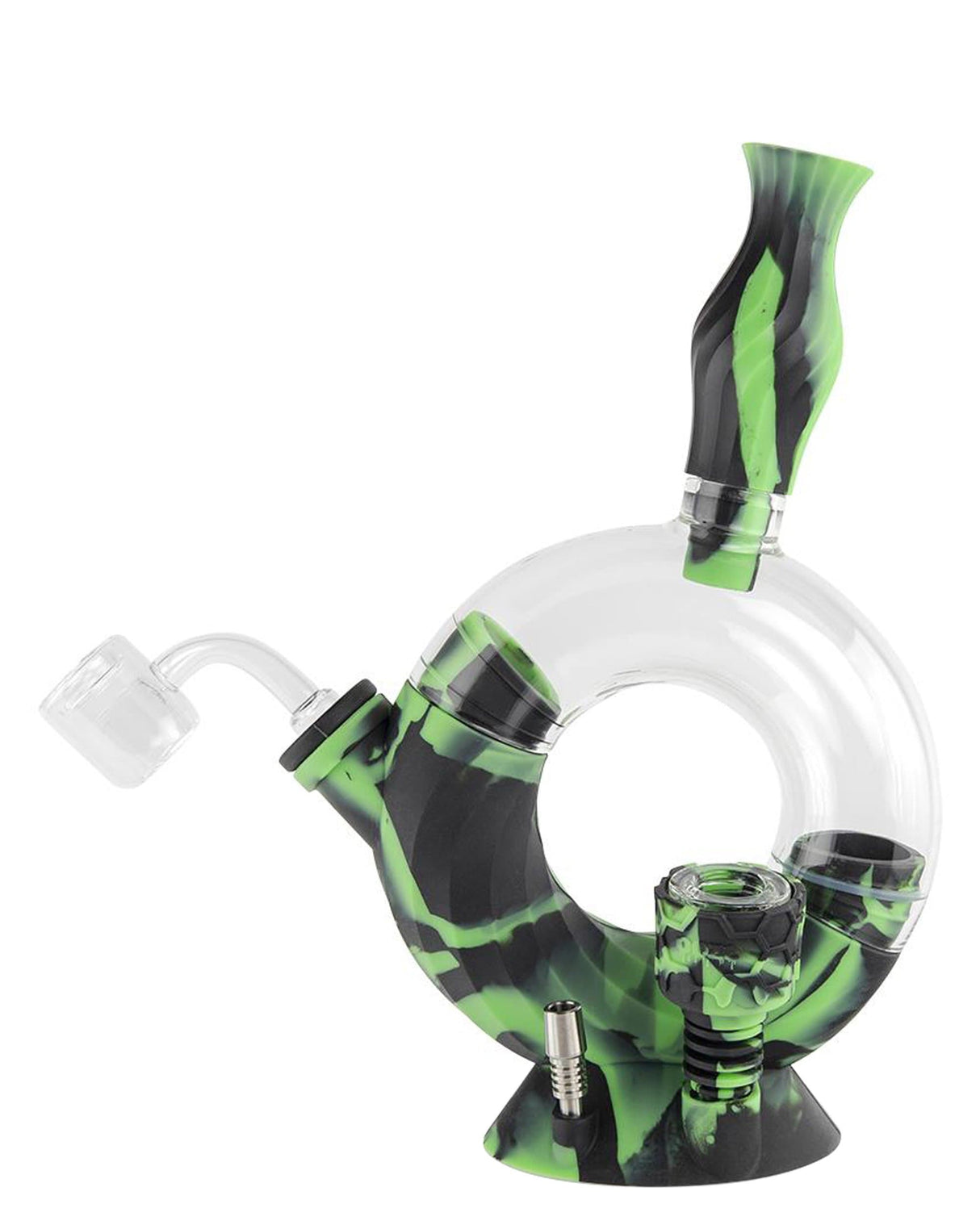 Ooze Ozone Silicone Bong in green camo, 8" with slitted percolator and quartz bowl, front view