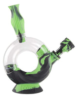 Ooze Ozone Silicone Bong in green and black with clear bubble chamber, side view on white background