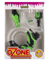 Ooze Ozone Silicone Bong in packaging, green and black design, versatile 4-in-1 use for dry herbs and concentrates