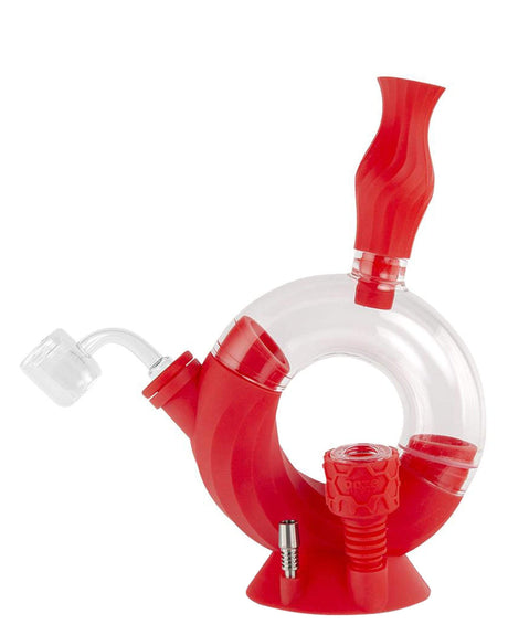 Ooze Ozone Silicone Bong in red with clear bubble design, side view on white background