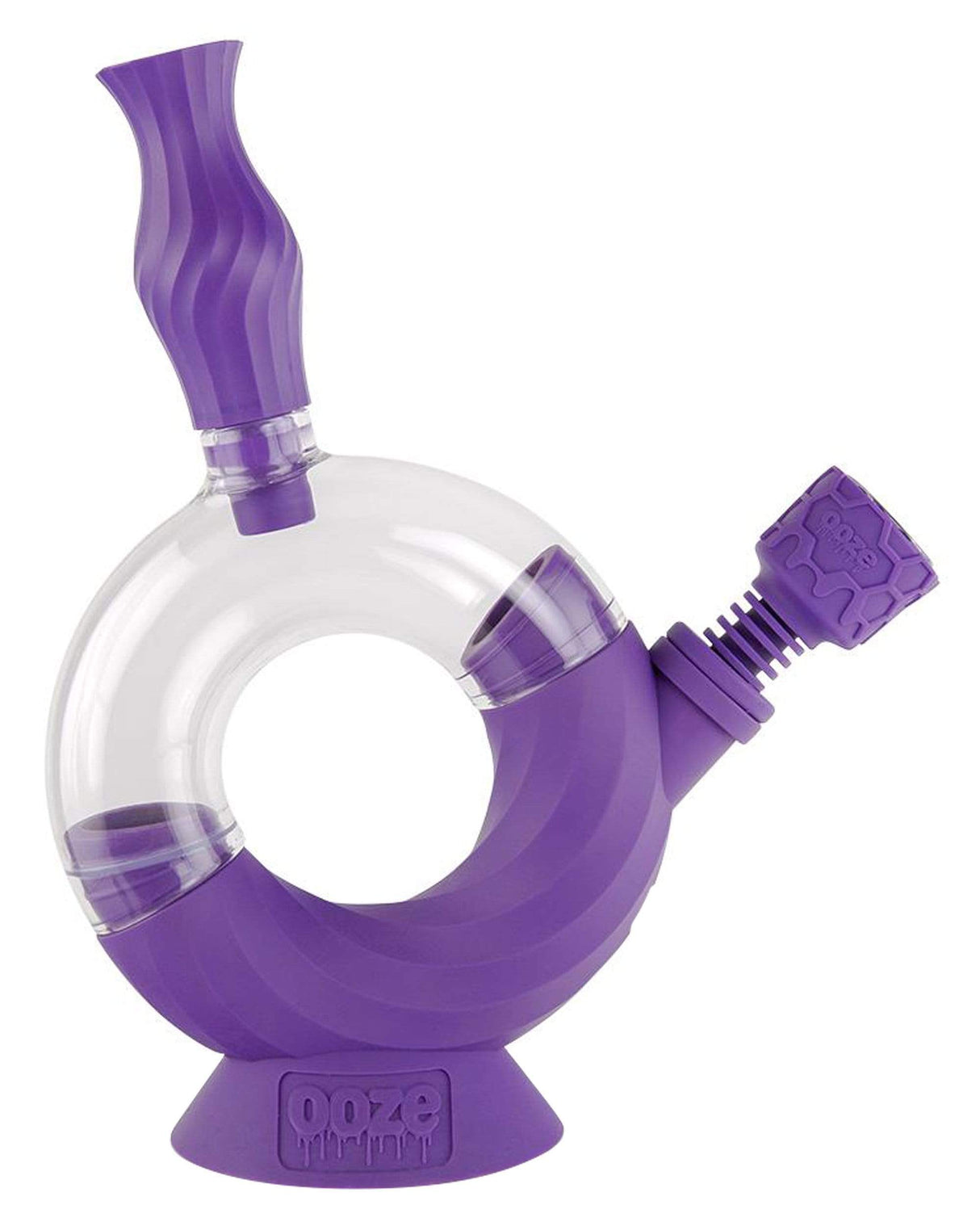 Ooze Ozone Silicone Bong in Purple with Clear Bubble Design, Slitted Percolator, Side View