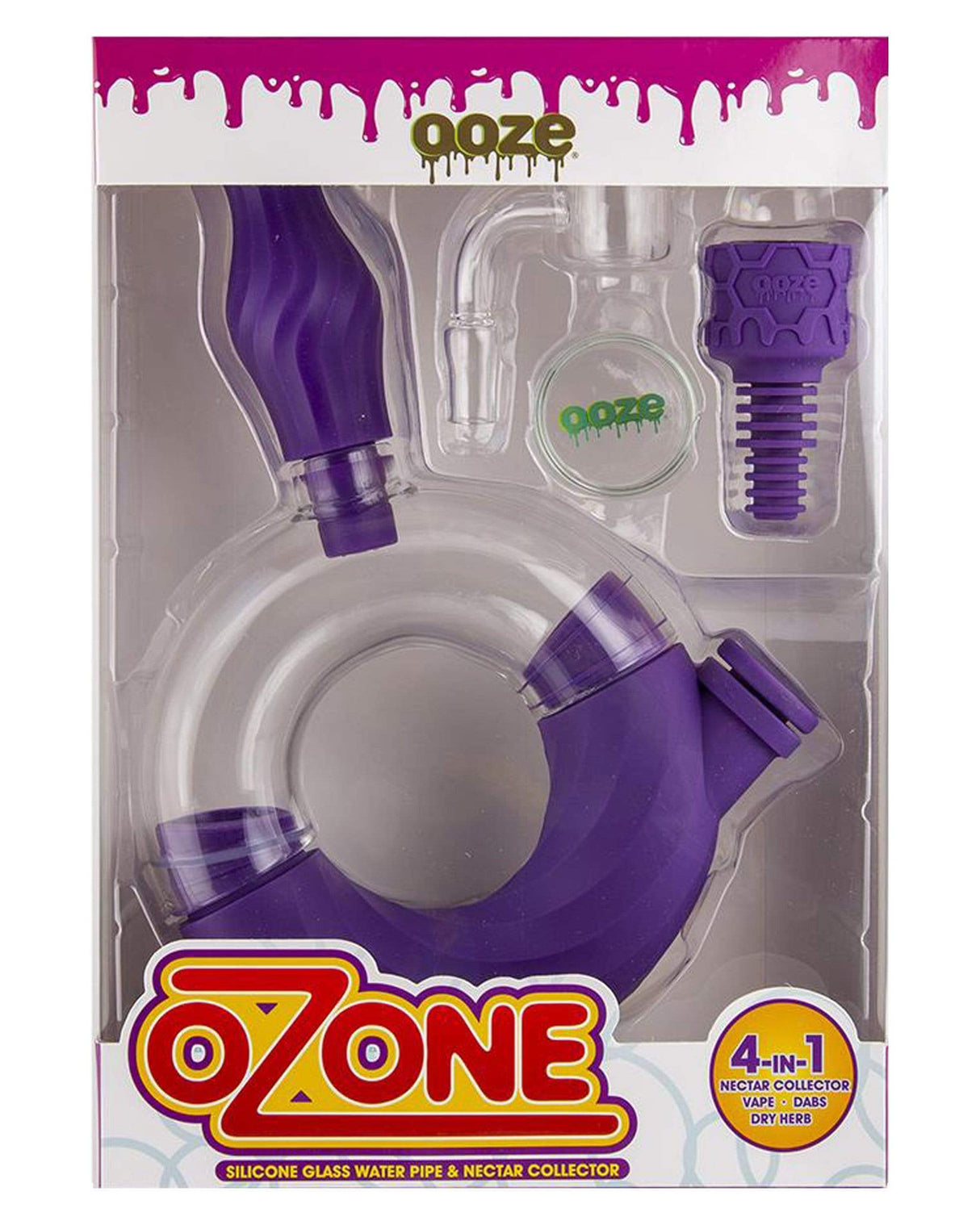 Ooze Ozone Silicone Bong in Purple with Quartz Bowl, Front View in Packaging