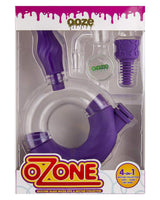 Ooze Ozone Silicone Bong in Purple with Quartz Bowl, Front View in Packaging