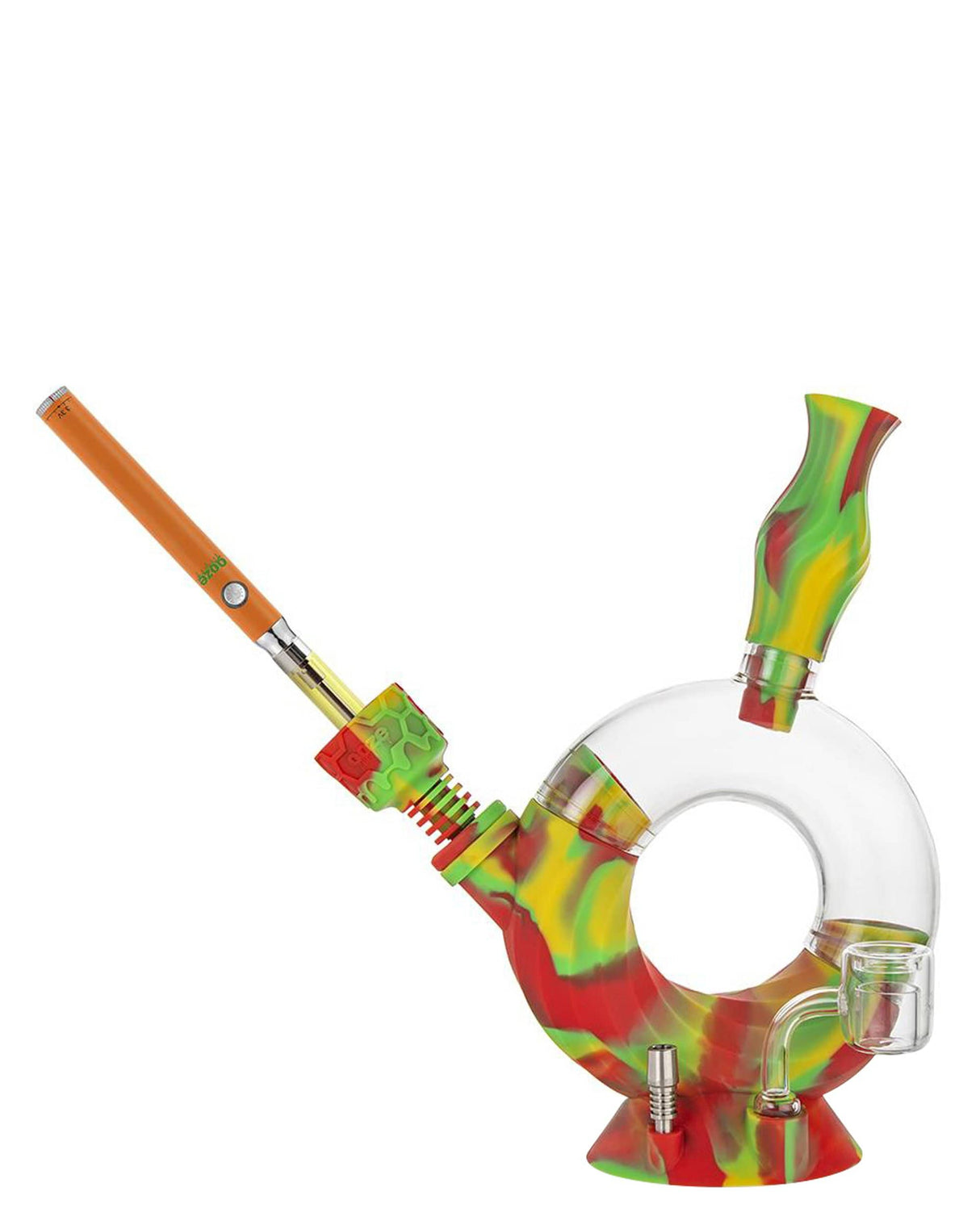Ooze Ozone Silicone Bong in vibrant red, green, and yellow with bubble design and clear center