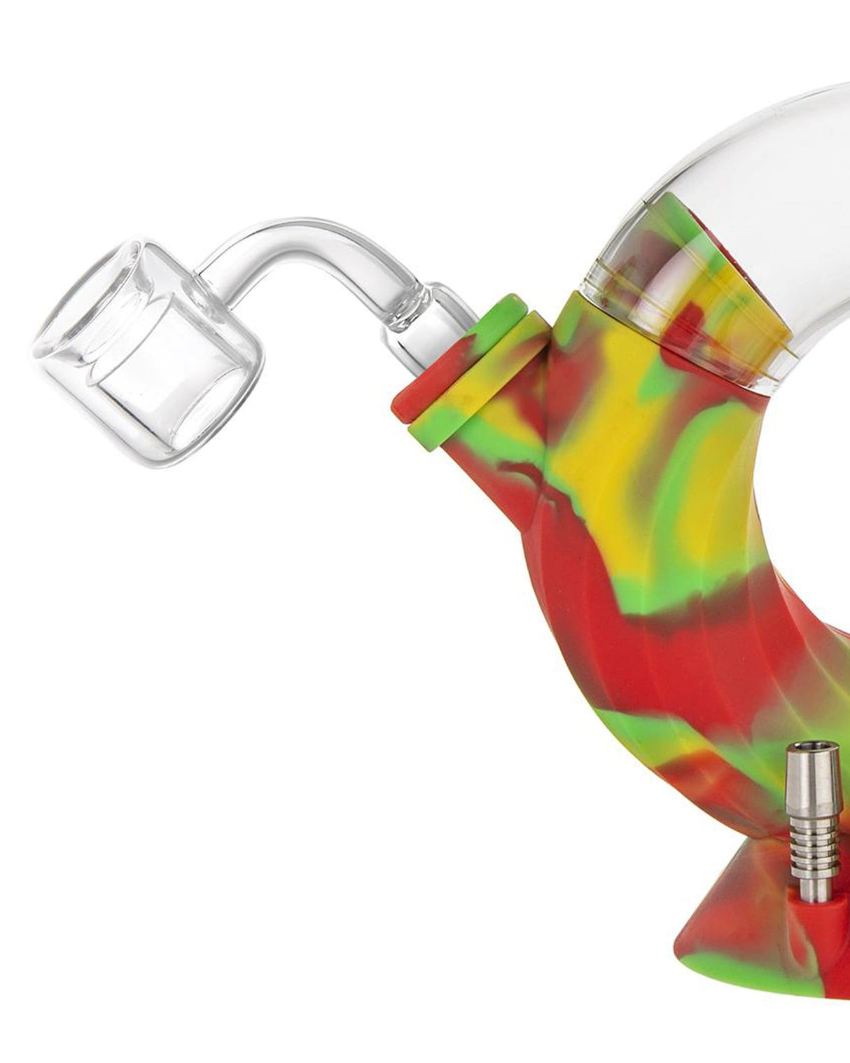 Ooze Ozone Silicone Bong close-up, multicolored design, with quartz banger and slitted percolator