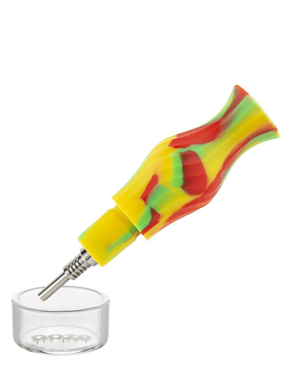 Ooze - Ozone Silicone Bong in vibrant red, yellow, and green colors, side view with quartz bowl
