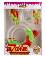 Ooze Ozone Silicone Bong in vibrant colors with glass bowl and quartz nail, front view packaging