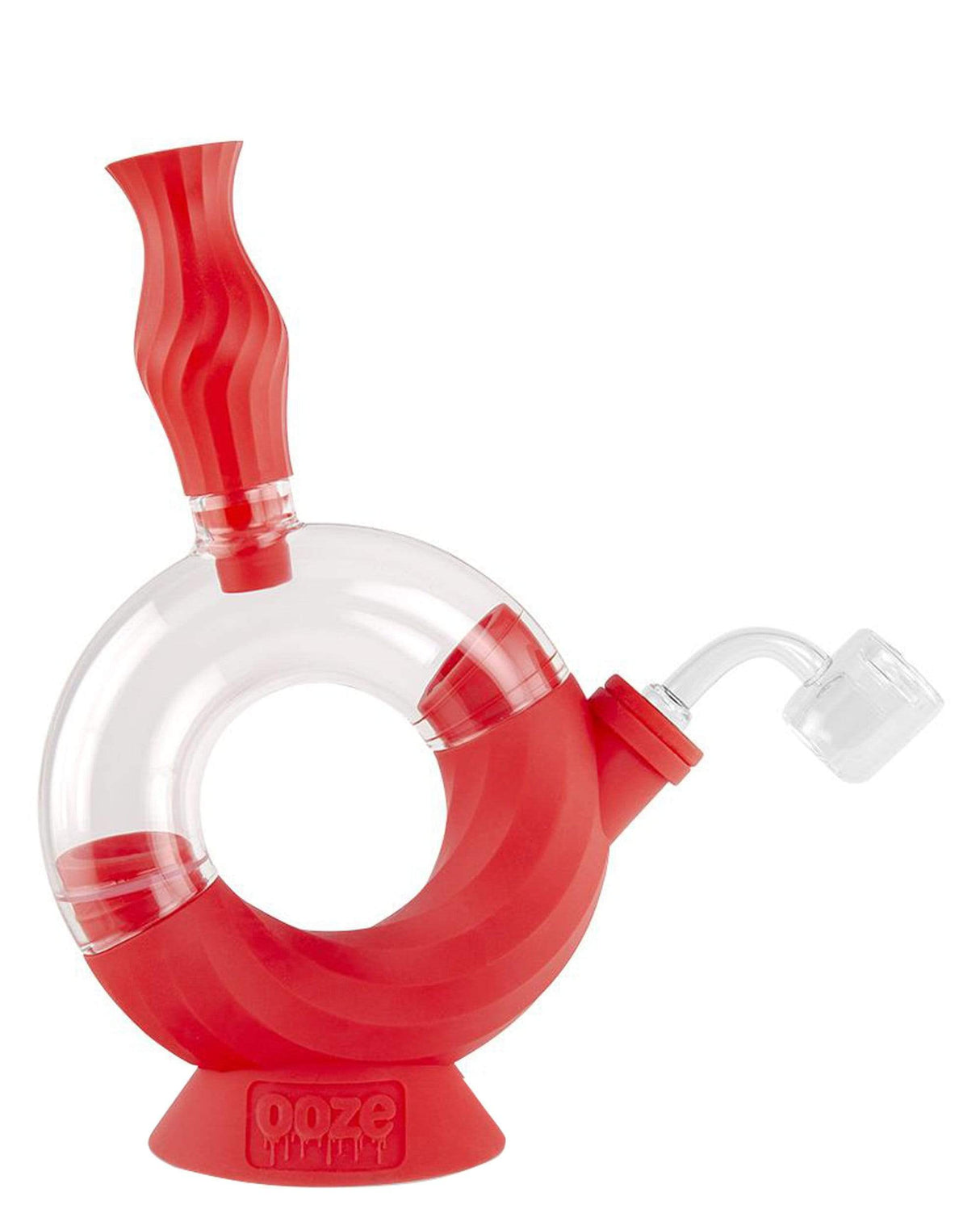 Ooze Ozone Silicone Bong in red with clear bubble design, 8" tall, side view, perfect for dry herbs and concentrates