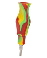 Ooze Ozone Silicone Bong in vibrant red, yellow, and green swirl design with titanium nail, side view