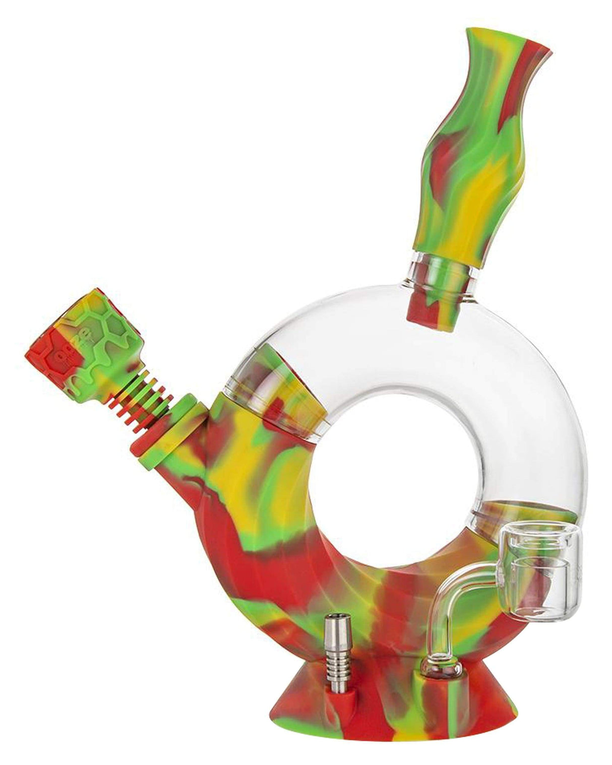 Ooze Ozone Silicone Bong in vibrant red, yellow, and green colors, with clear center, side view