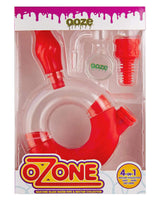 Ooze Ozone Silicone Bong in Red, 8" Tall with Slitted Percolator, Front View in Packaging
