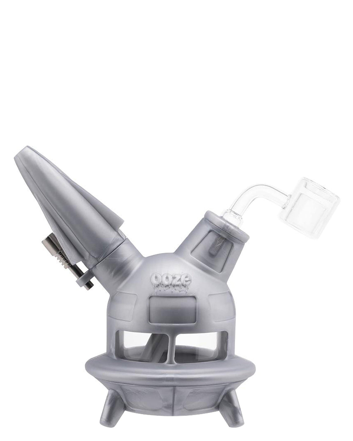 Ooze UFO Silicone Bong in Silver with Borosilicate Glass Bowl and Slitted Percolator, Front View