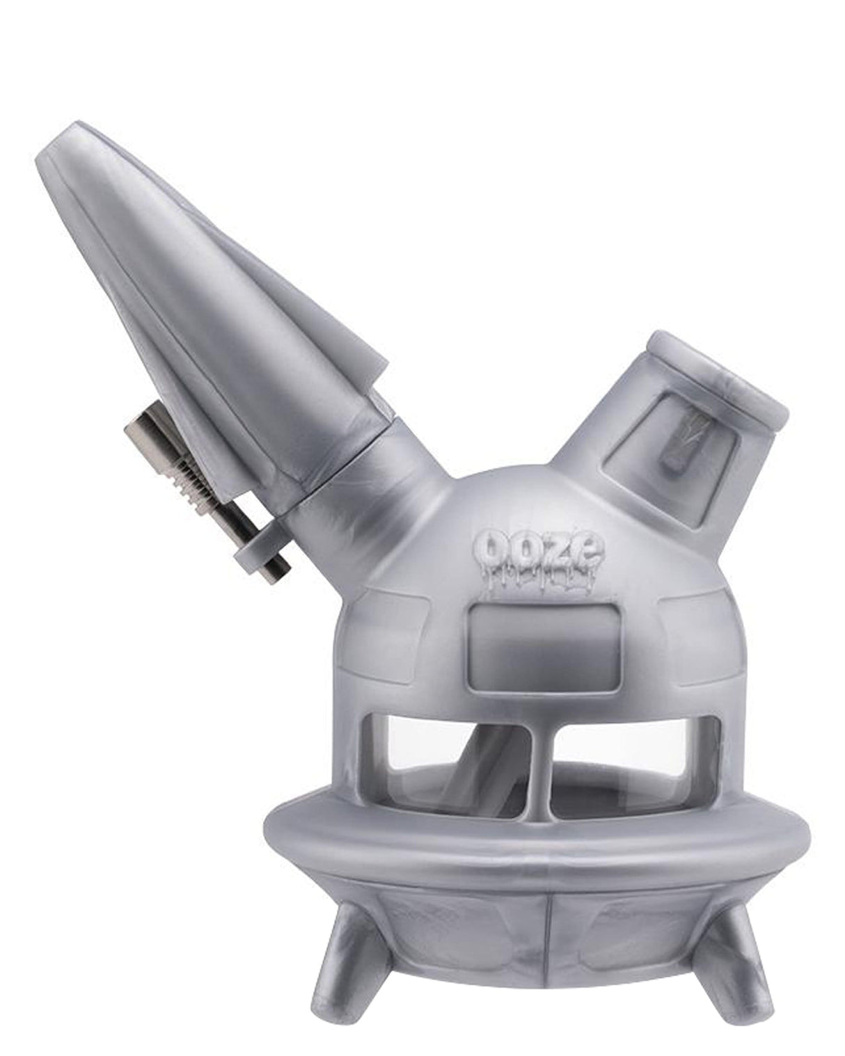 Ooze UFO Silicone Bong in Silver with Slitted Percolator and Stash Storage, Front View
