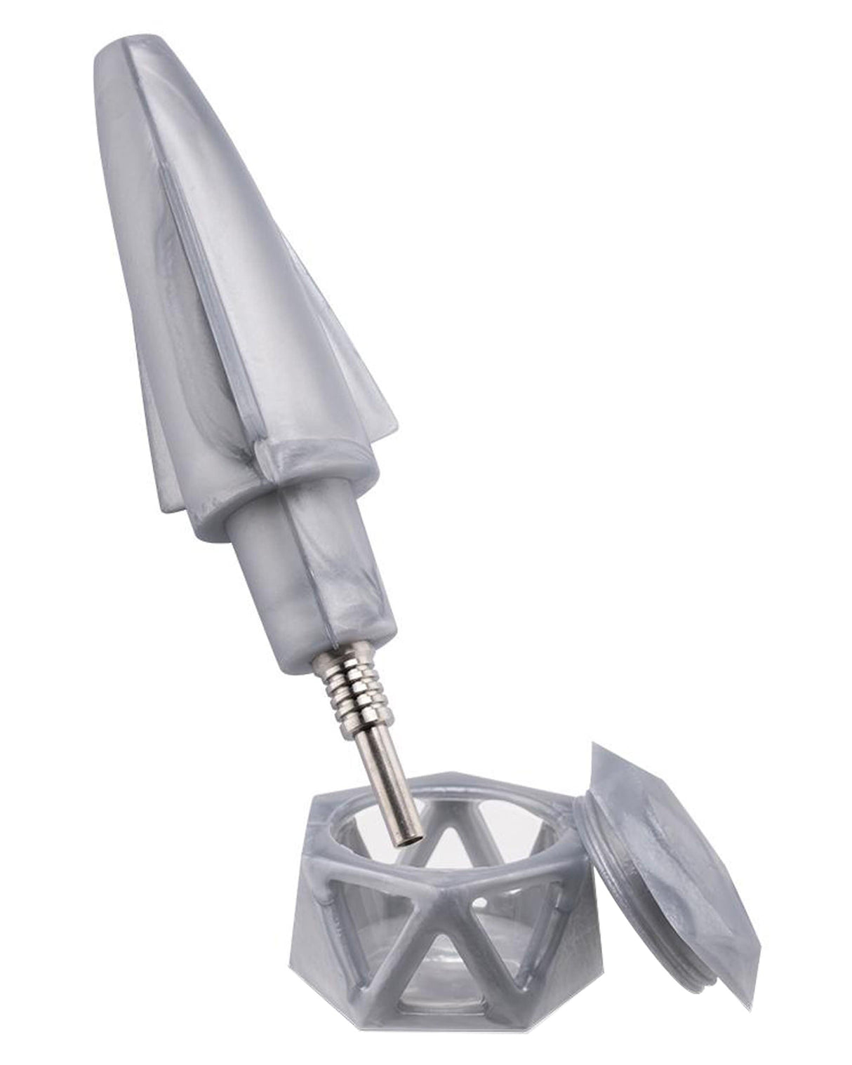 Ooze - UFO Silicone Bong in Silver, 7" with Slitted Percolator and Stash Storage, Side View