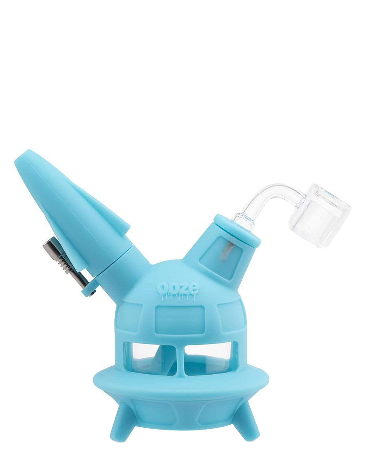 Ooze UFO Silicone Bong in Teal, 7" tall with a slitted percolator and borosilicate glass bowl, front view