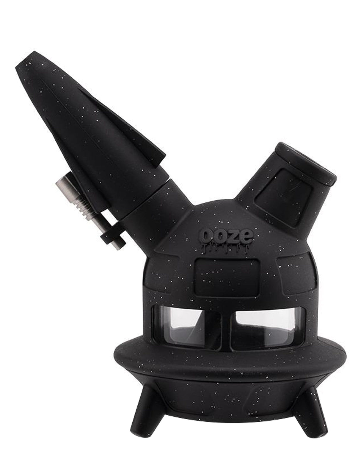 Ooze UFO Silicone Bong in Black with Slitted Percolator and Stash Storage, Front View
