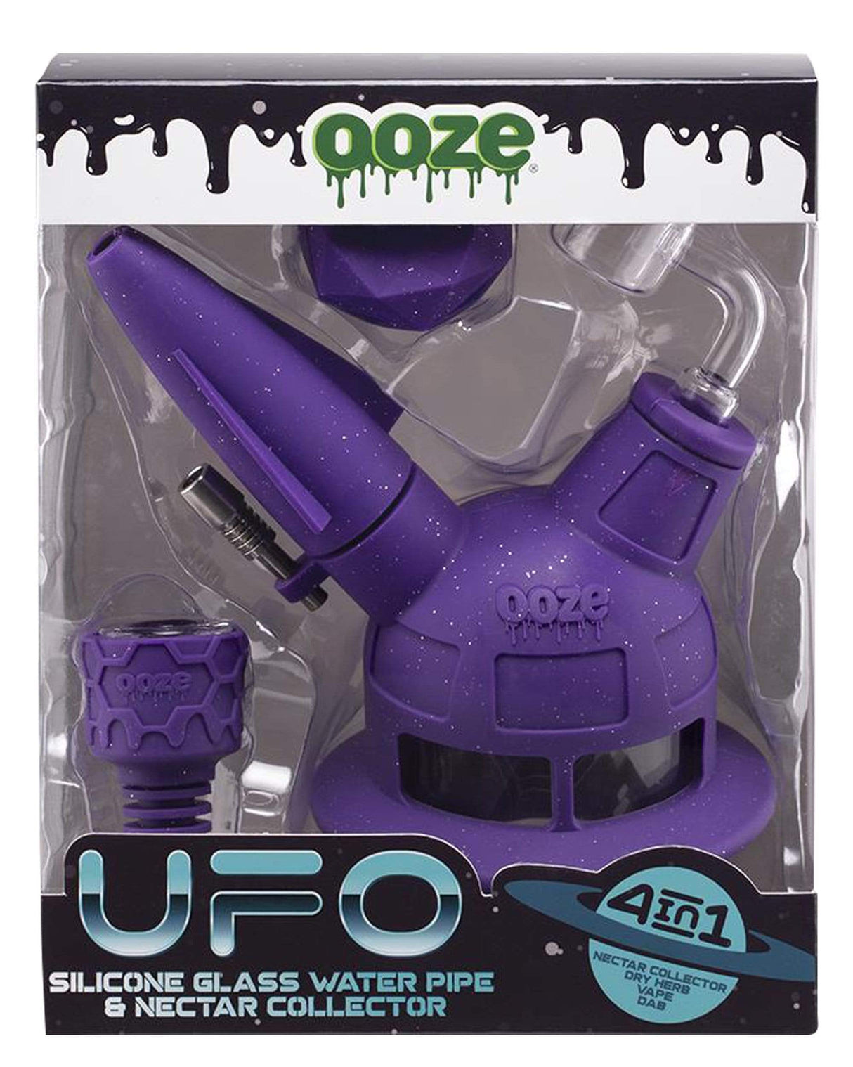 Ooze UFO Silicone Bong in Purple, 7" Glass and Silicone Hybrid with Slitted Percolator, Front View
