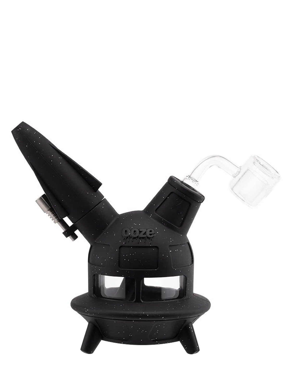 Ooze UFO Silicone Bong in Shimmer Black, 7" tall with a slitted percolator and borosilicate glass bowl, front view