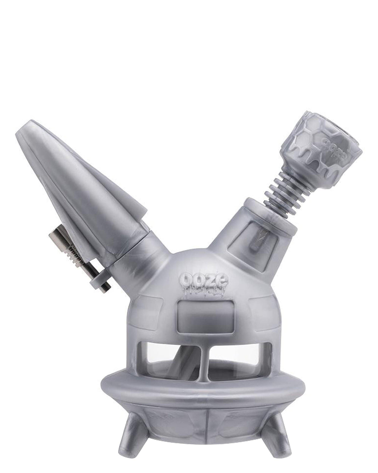 Ooze UFO Silicone Bong in Stellar Silver with Slitted Percolator and Stash Storage, Front View
