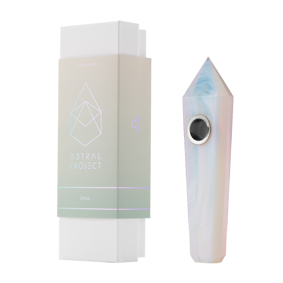 Astral Project Opalite Healing Gemstone Hand Pipe - Front View with Box