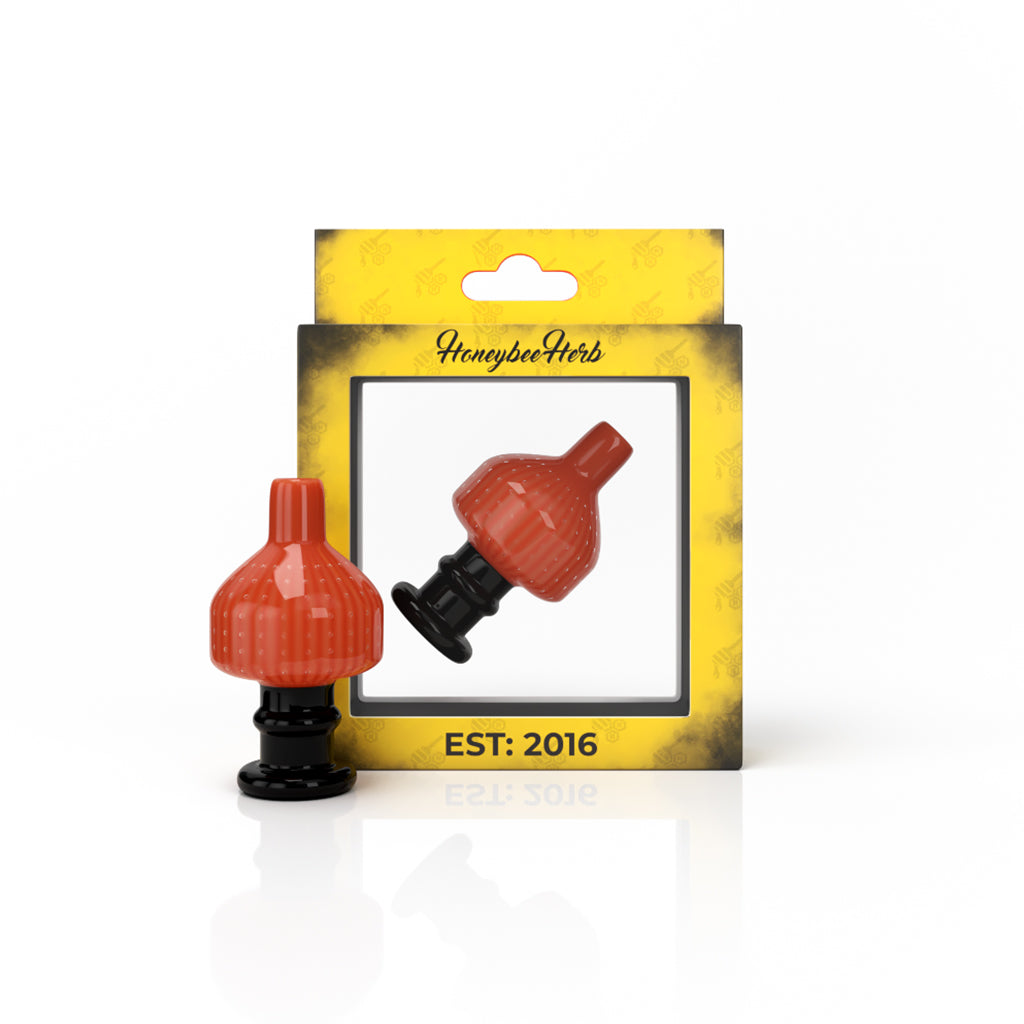 Honeybee Herb Sweet Bubble Carb Cap in Orange for Dab Rigs, Front View on Packaging