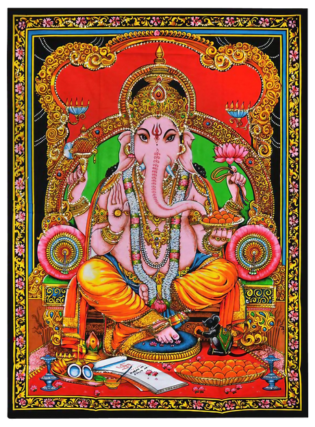 Colorful 54" x 86" Oriental Ganesh Tapestry made of cotton from India, front view on white background