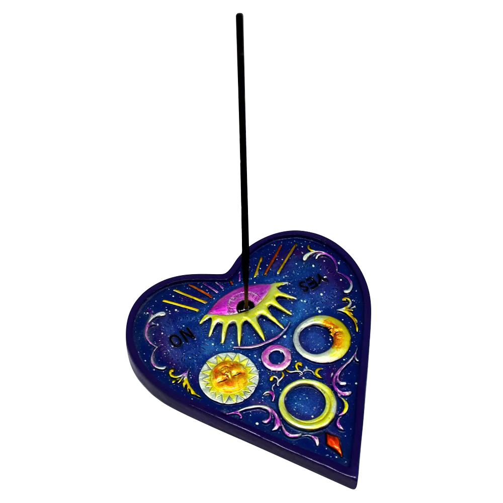 Blue Ouija Planchette Incense Burner with celestial design, front view on white background