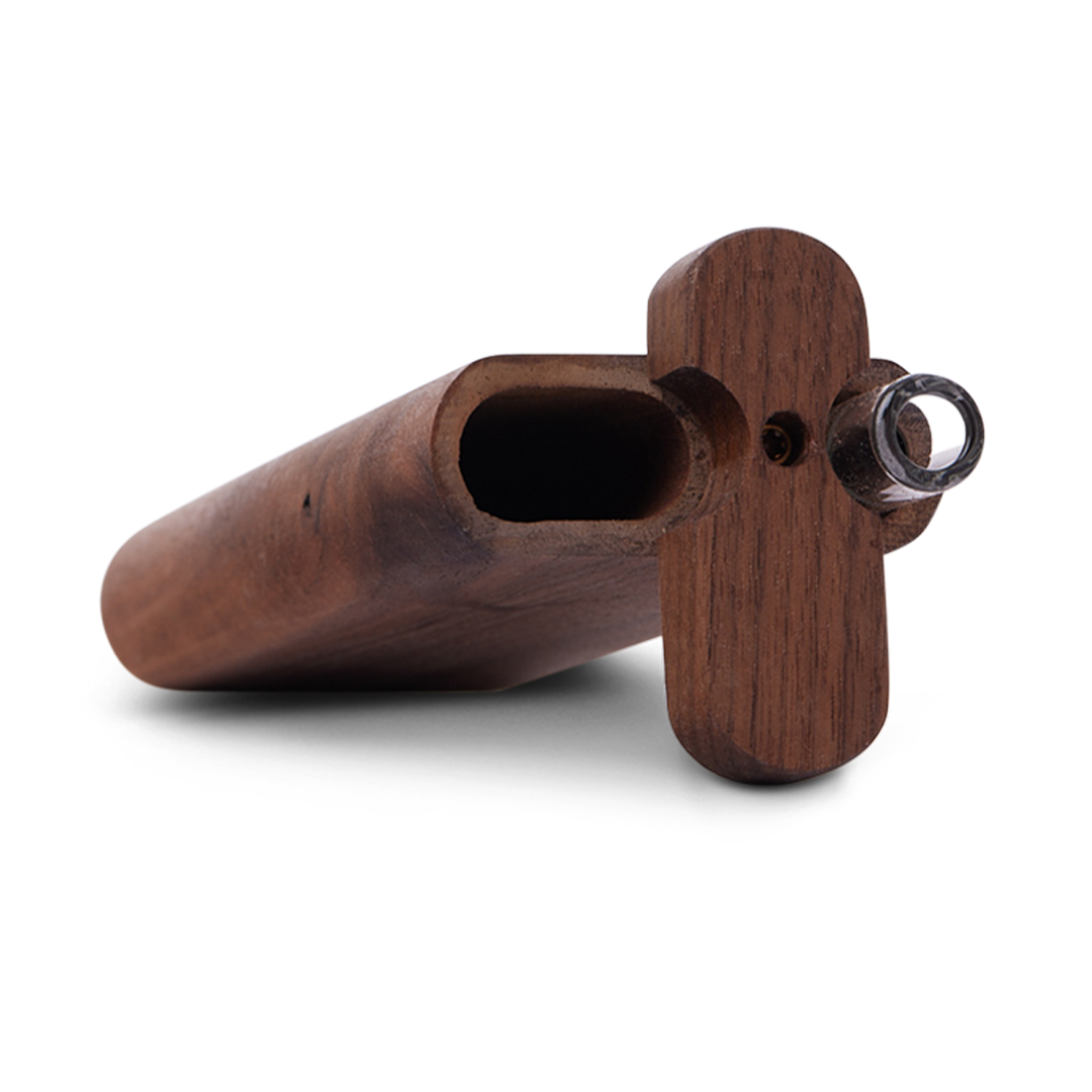 Bearded Distribution Stubby Wood Dugout with Glass Chillum in Mahogany - Angled View