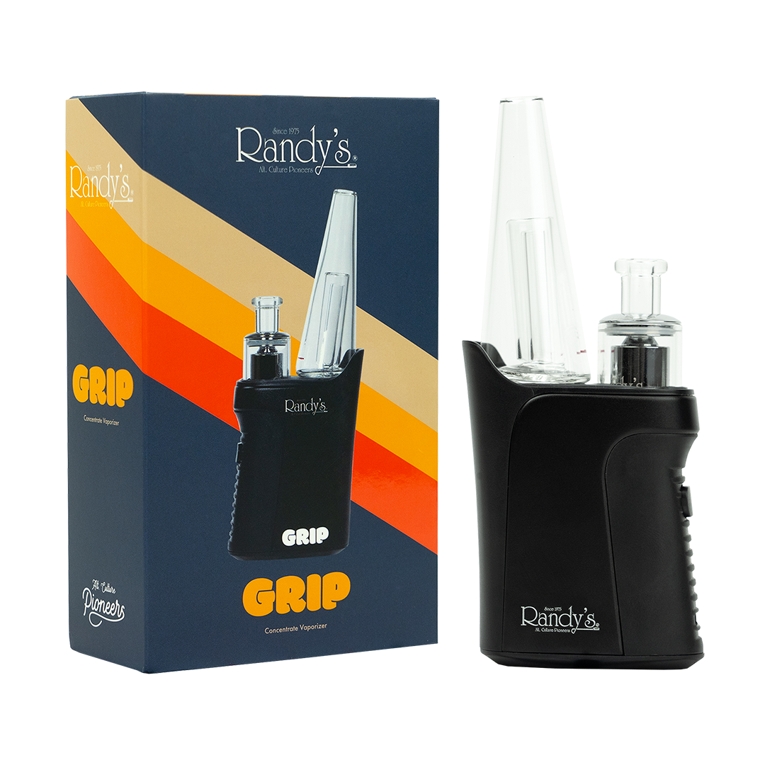 Randy's Grip Vaporizer with sleek design, portable size, and clear glass mouthpiece