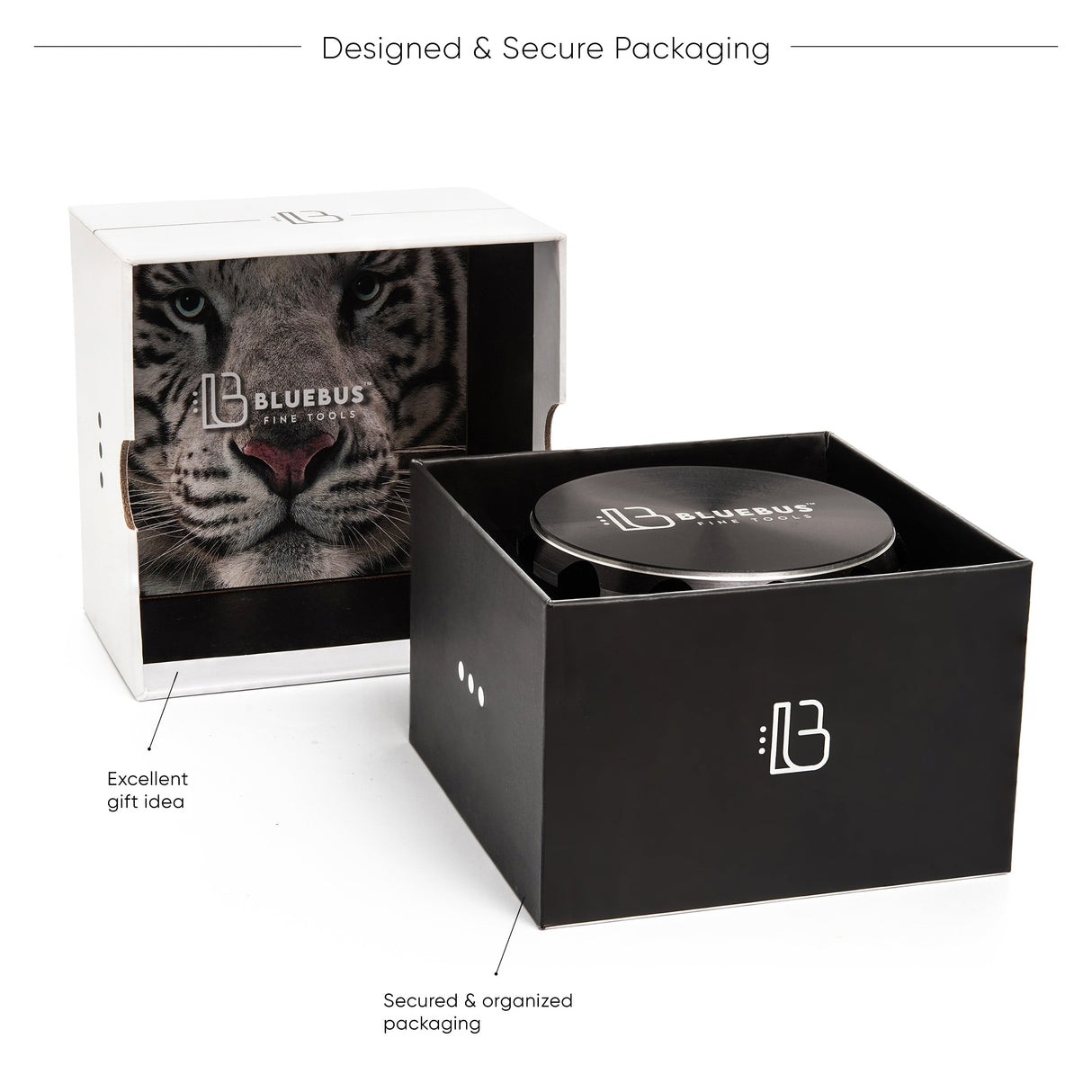 GA Aluminum Grinder by Blue Bus Fine Tools in secure black packaging with tiger graphic