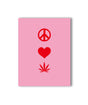 KKARDS Peace Love Card featuring peace symbol, heart, and cannabis leaf on pink background
