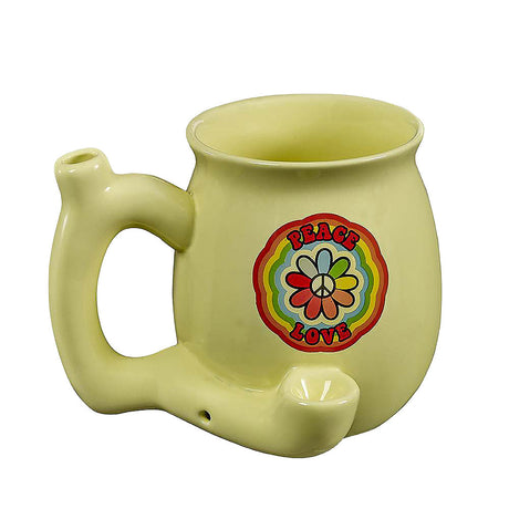 11oz Ceramic Pipe Mug with Peace and Love Design, Front View on Seamless White Background