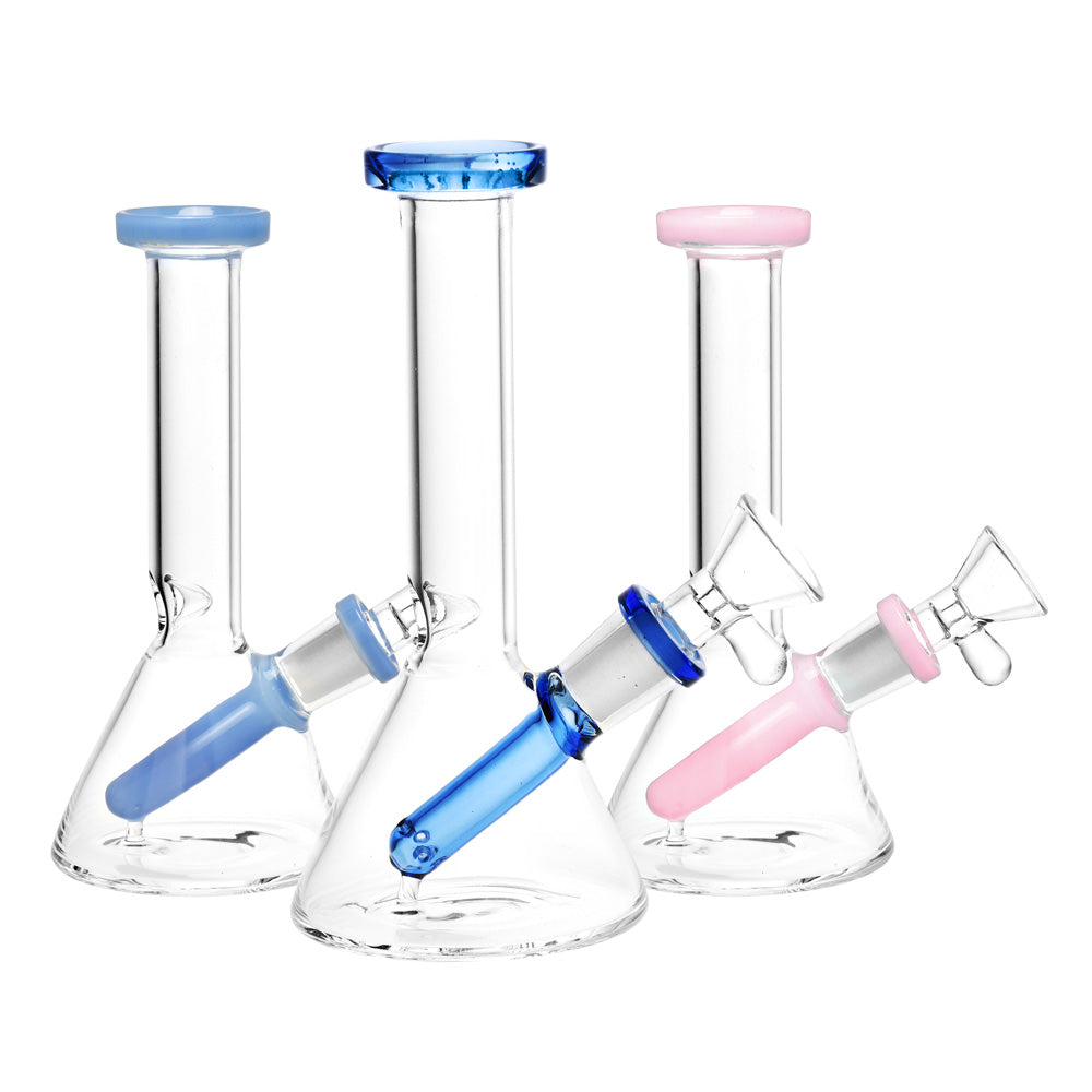 Petite Travel Beaker Water Pipes in blue, pink, and clear with 45-degree joints, front view