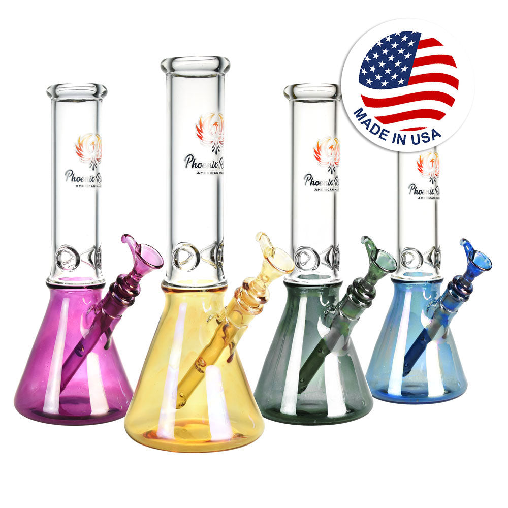 Phoenix Rising Beaker Water Pipes in Various Colors with Metallic Bottoms and USA Flag