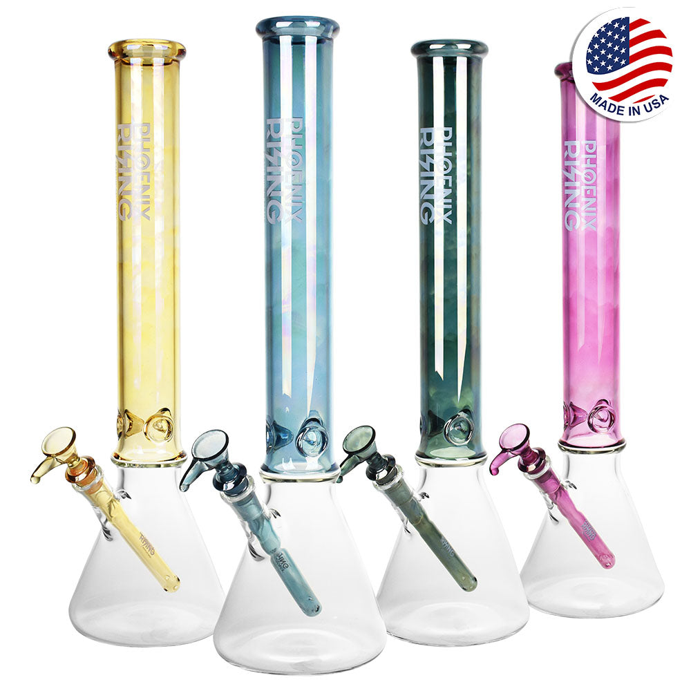 Phoenix Rising Beaker Water Pipes in assorted metallic colors with deep bowls, front view on white background