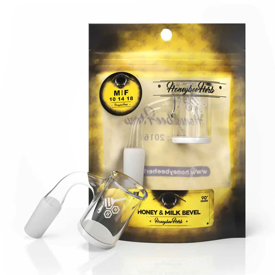 Honeybee Herb Bangers with 90° joint angle, clear quartz, flat top design on yellow background