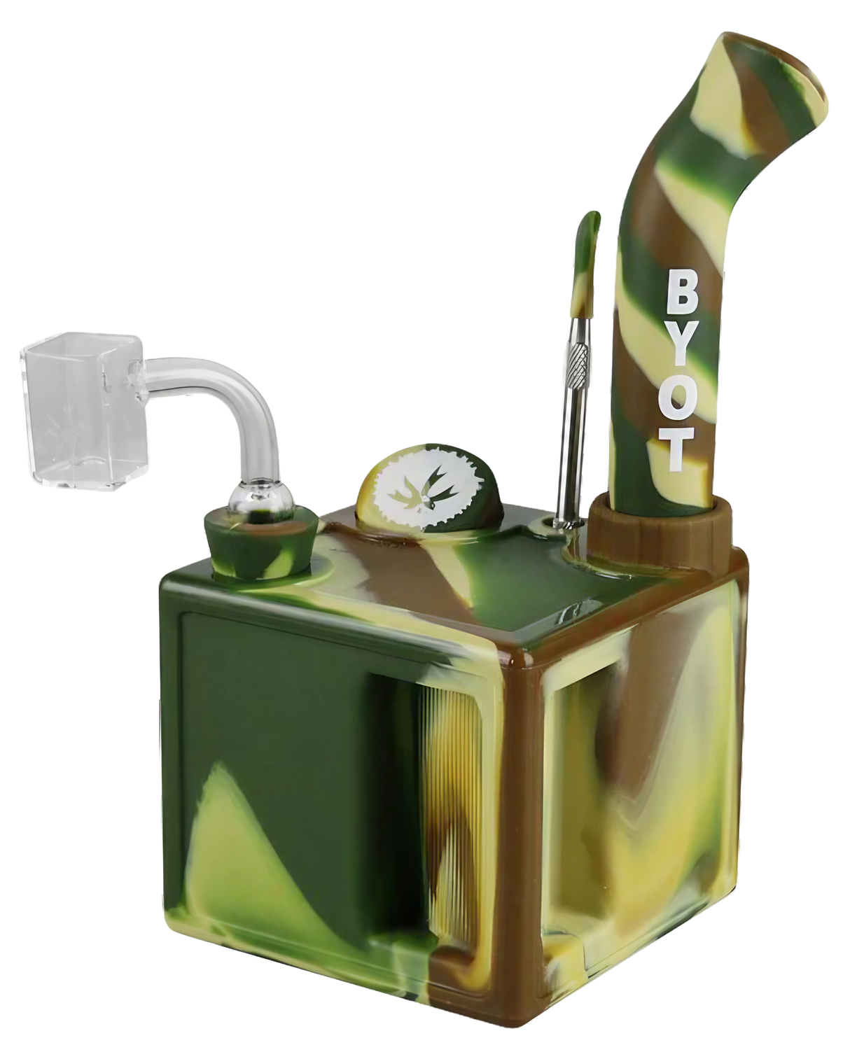 PieceMaker "Kube" Silicone Cube Dab Rig in Camouflage with Quartz Banger - Angled View