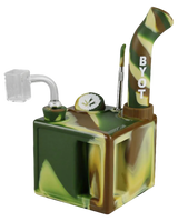 PieceMaker "Kube" Silicone Cube Dab Rig in Camouflage with Quartz Banger - Angled View