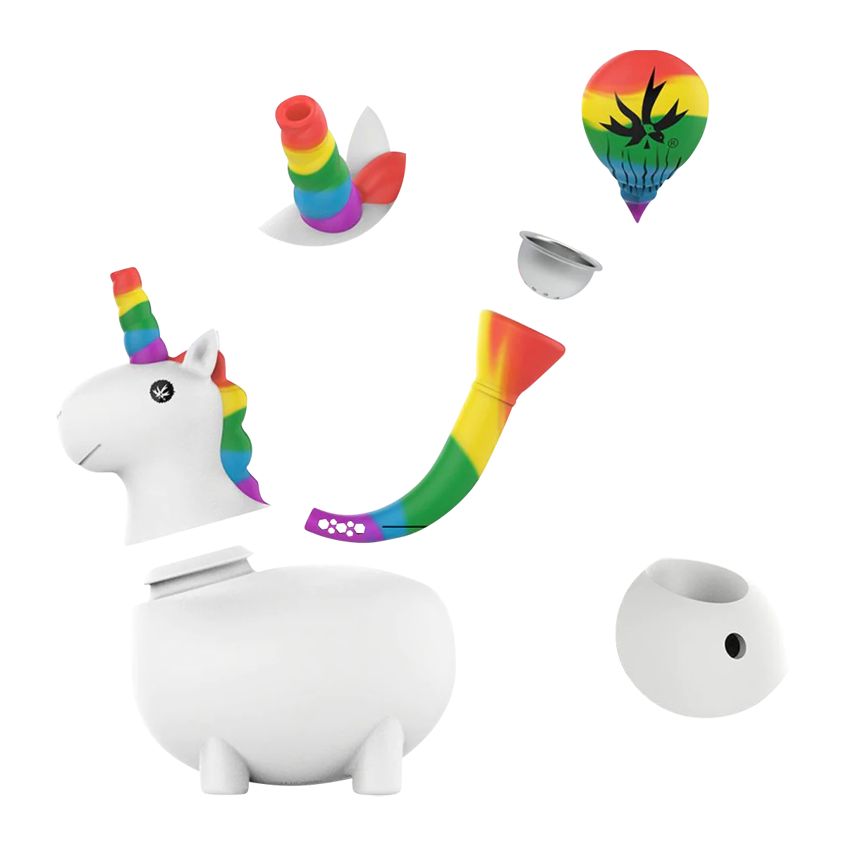PieceMaker UniKorn Silicone Bong with rainbow accents and detachable parts, front view