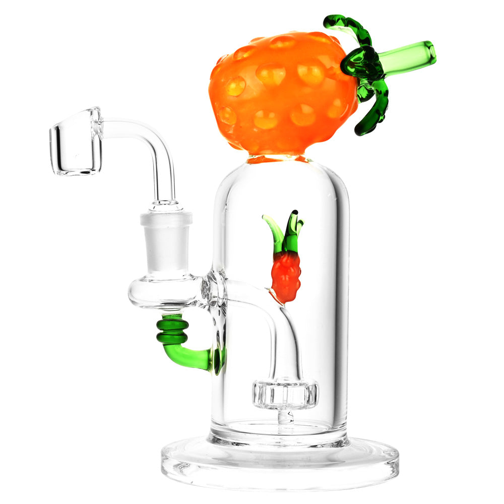 Pineapple-themed borosilicate glass oil rig with disc percolator and 90-degree quartz banger