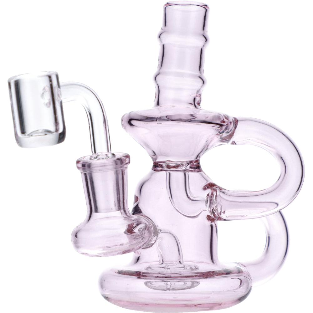 Compact Pink Mini Recycler Water Pipe for Concentrates with Quartz Banger, 6" Height, Side View