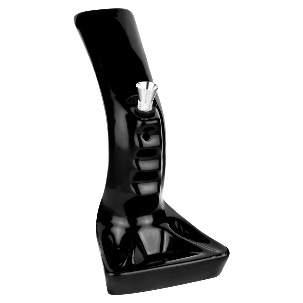 Ceramic Pistol Grip Water Pipe, 8.5" tall with integrated ashtray base, side view on white background