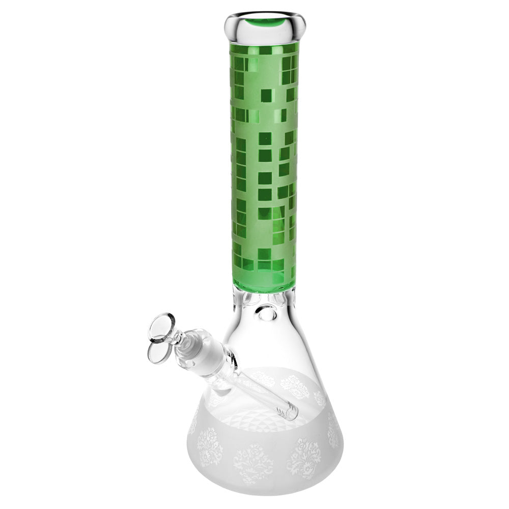 Pixelate Etched Beaker Water Pipe with Slit-Diffuser Percolator, 45 Degree Joint, Front View