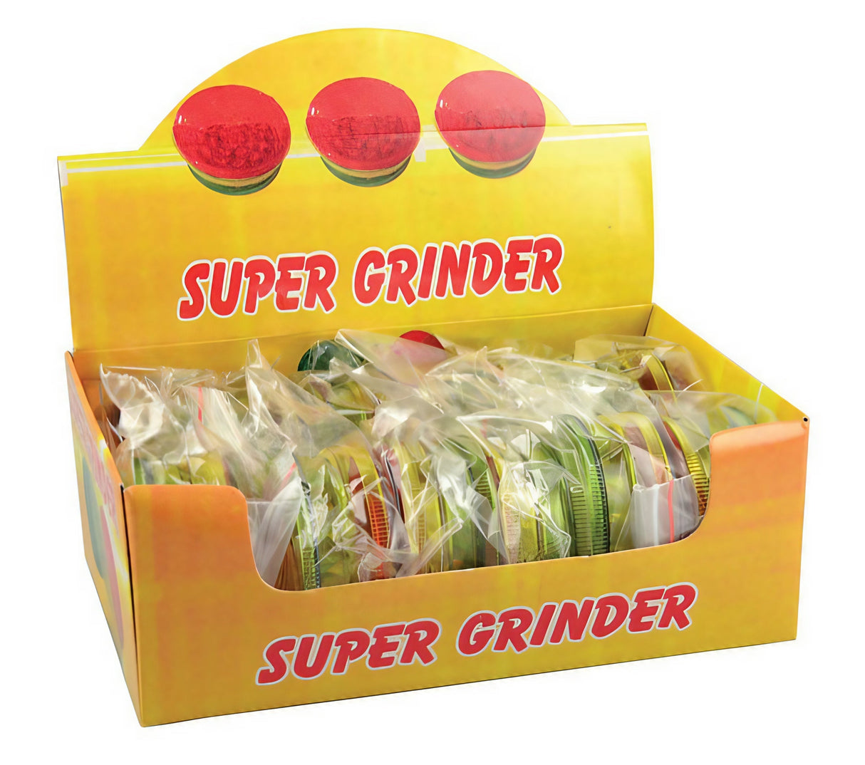 12-pack Plastic Rasta 3-Piece Grinders in display box, portable design for dry herbs