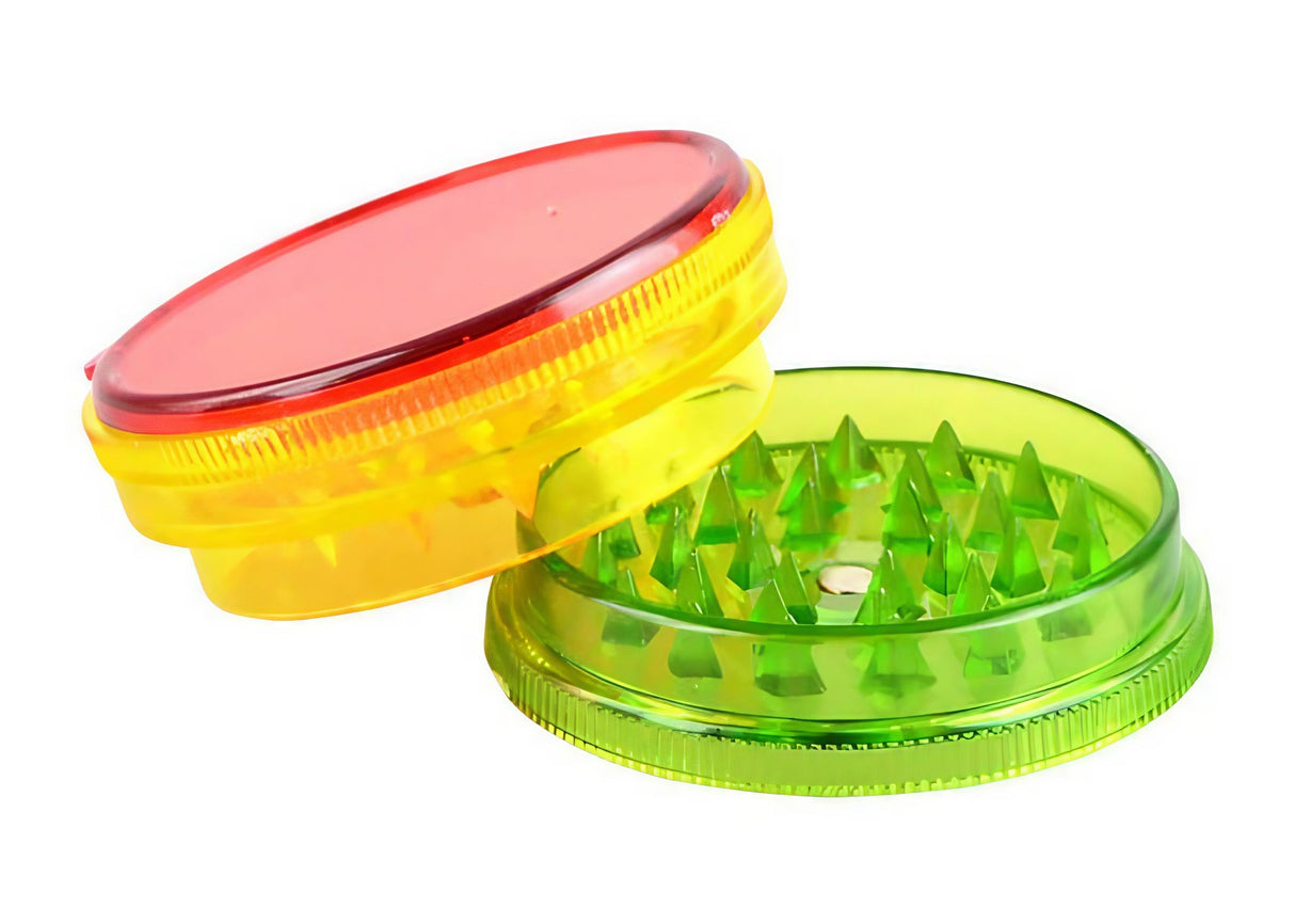 Rasta-colored plastic 3-piece grinders set, compact and portable, ideal for dry herbs - 12 pack