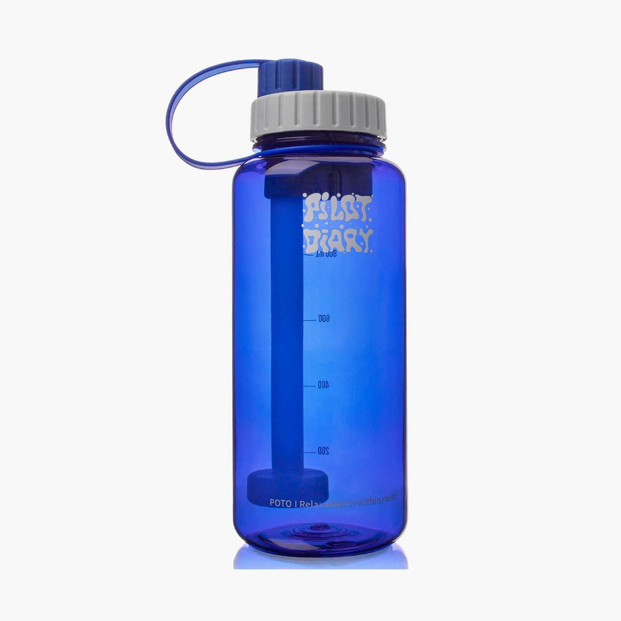 PILOT DIARY POTO Water Bottle Bong in Blue - Front View with Measurement Markings